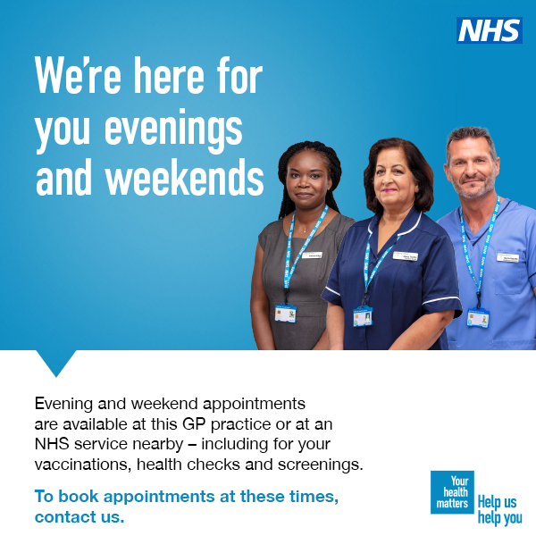 We're here for you evenings and weekends. To book appointments at these times contact us